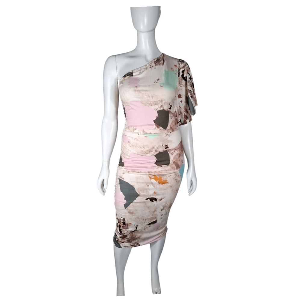 ASOS Asimetric One Sholder Midi Dress Abstract Print Draped Size 8 Tall Bodycon